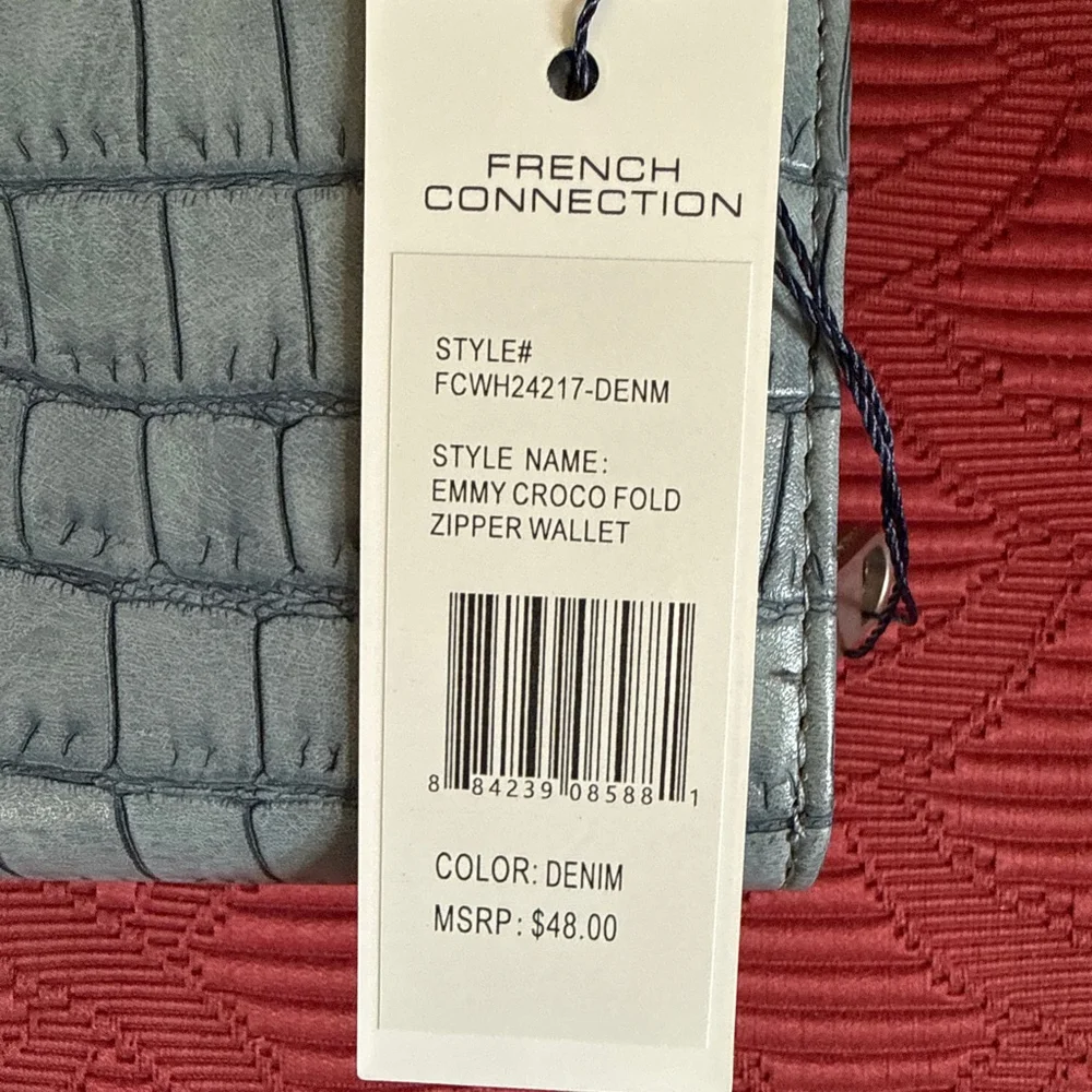 French Connection Emmy Denim Croco Fold Zipper Wallet with Silver Hardware - Picture 3 of 7